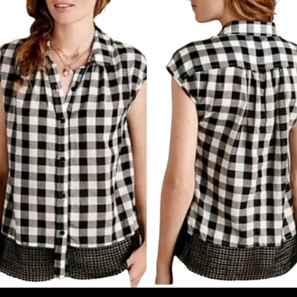 Anthropologie Brand Holding Horses Black & White Plaid Button Down Lace Hem L